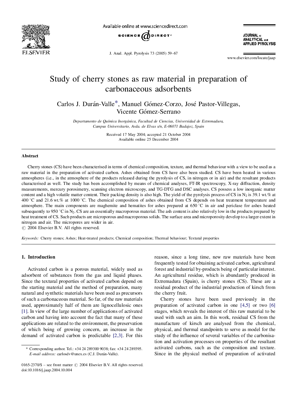 Study of cherry stones as raw material in preparation of carbonaceous adsorbents