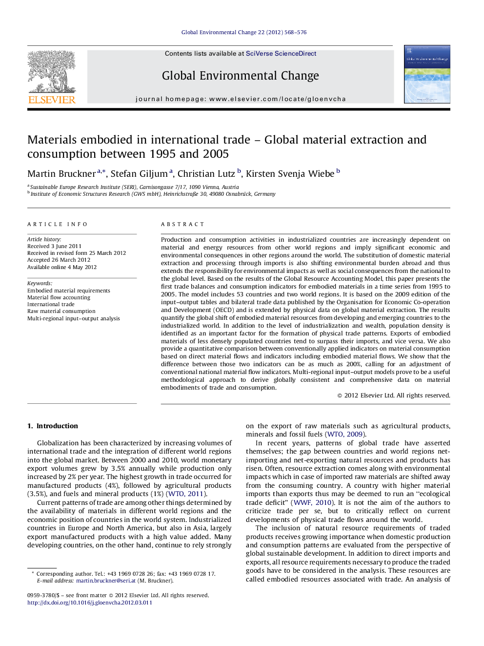 Materials embodied in international trade – Global material extraction and consumption between 1995 and 2005