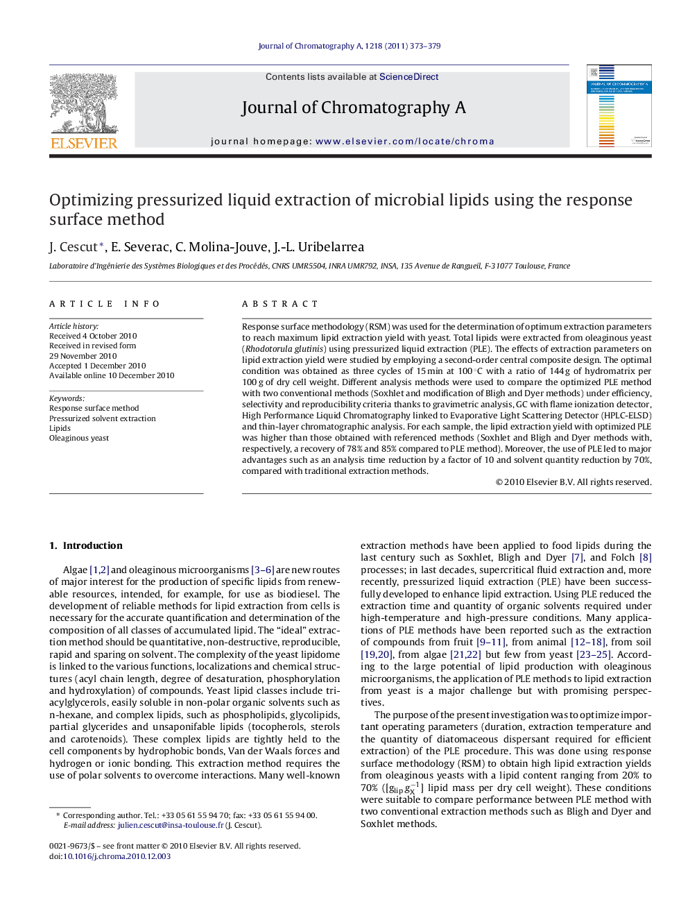 Optimizing pressurized liquid extraction of microbial lipids using the response surface method