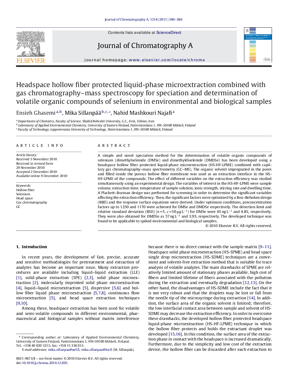 Headspace hollow fiber protected liquid-phase microextraction combined with gas chromatography-mass spectroscopy for speciation and determination of volatile organic compounds of selenium in environmental and biological samples