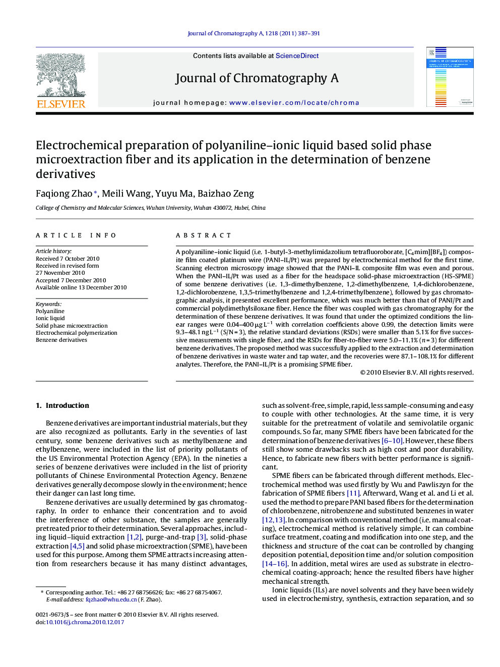 Electrochemical preparation of polyaniline-ionic liquid based solid phase microextraction fiber and its application in the determination of benzene derivatives