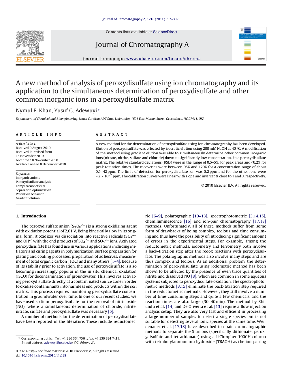 A new method of analysis of peroxydisulfate using ion chromatography and its application to the simultaneous determination of peroxydisulfate and other common inorganic ions in a peroxydisulfate matrix