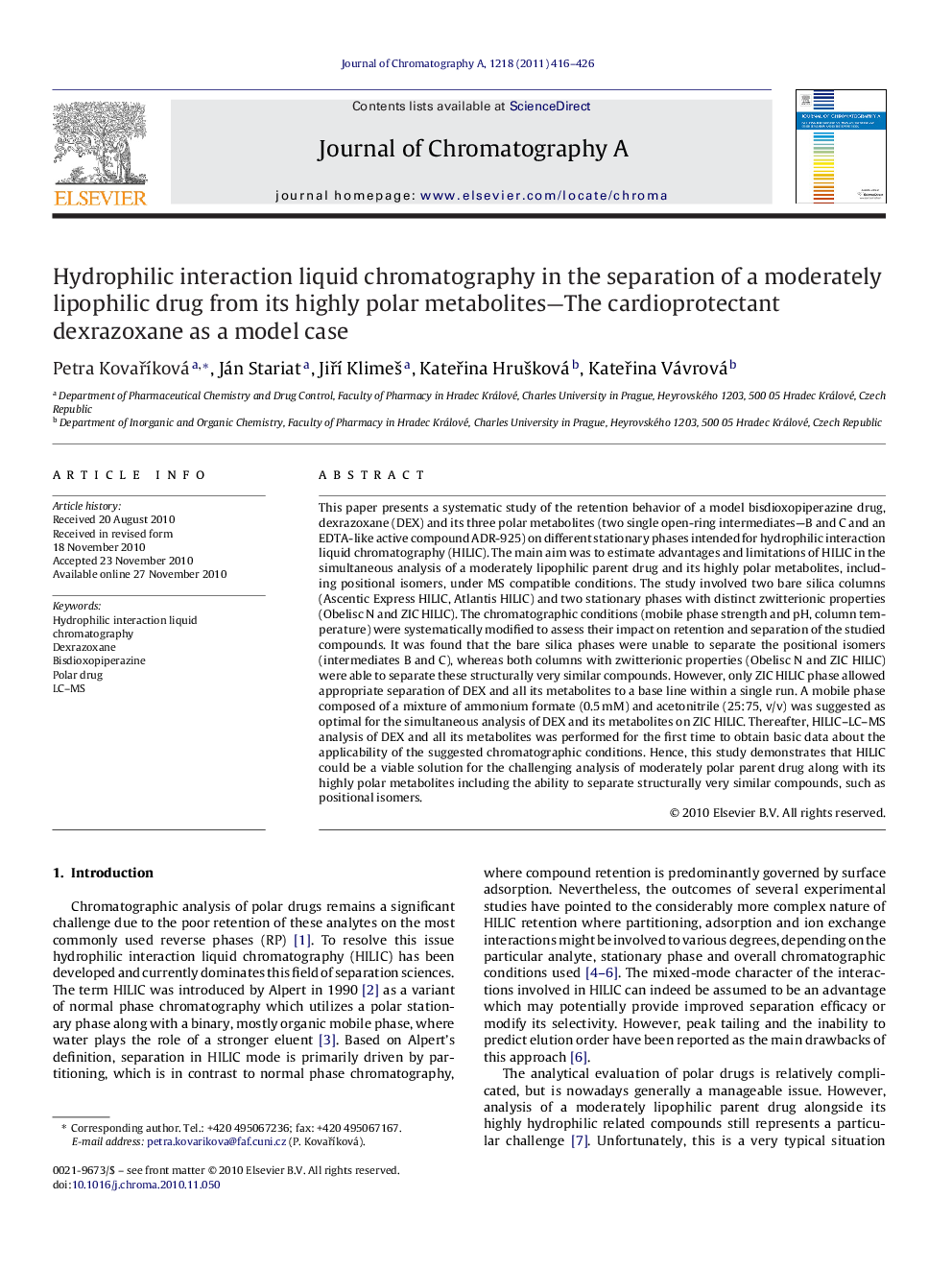 Hydrophilic interaction liquid chromatography in the separation of a moderately lipophilic drug from its highly polar metabolites-the cardioprotectant dexrazoxane as a model case