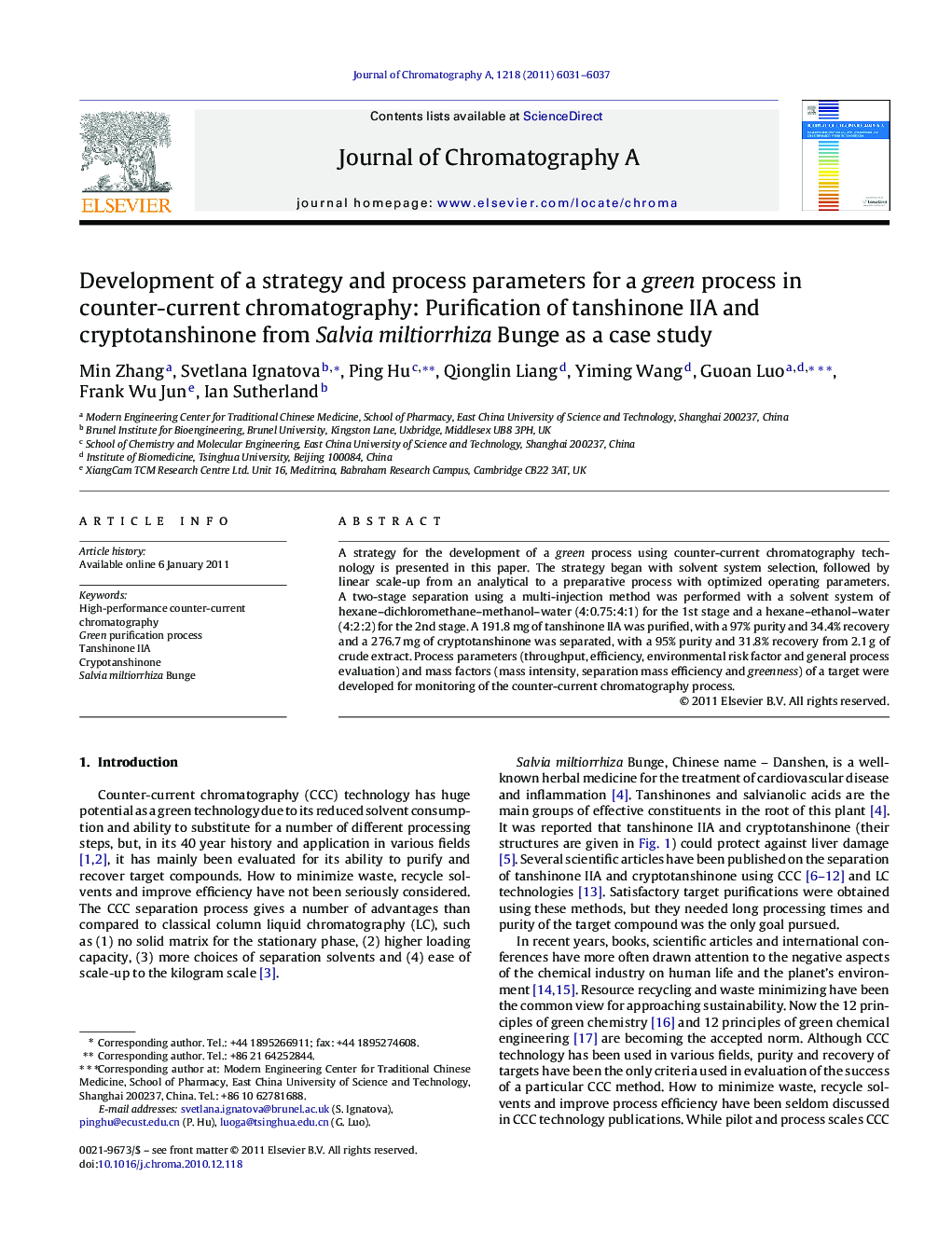 Development of a strategy and process parameters for a green process in counter-current chromatography: Purification of tanshinone IIA and cryptotanshinone from Salvia miltiorrhiza Bunge as a case study