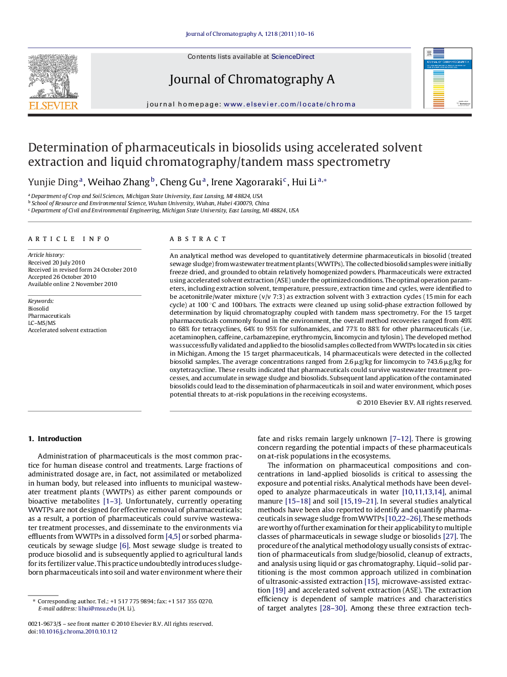 Determination of pharmaceuticals in biosolids using accelerated solvent extraction and liquid chromatography/tandem mass spectrometry