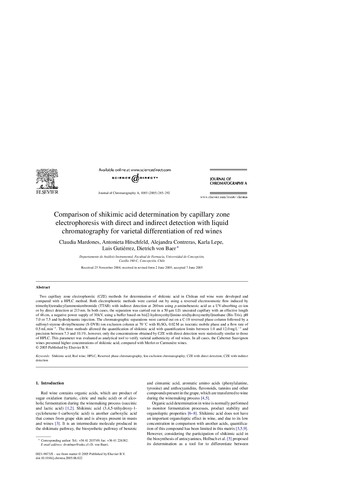 Comparison of shikimic acid determination by capillary zone electrophoresis with direct and indirect detection with liquid chromatography for varietal differentiation of red wines