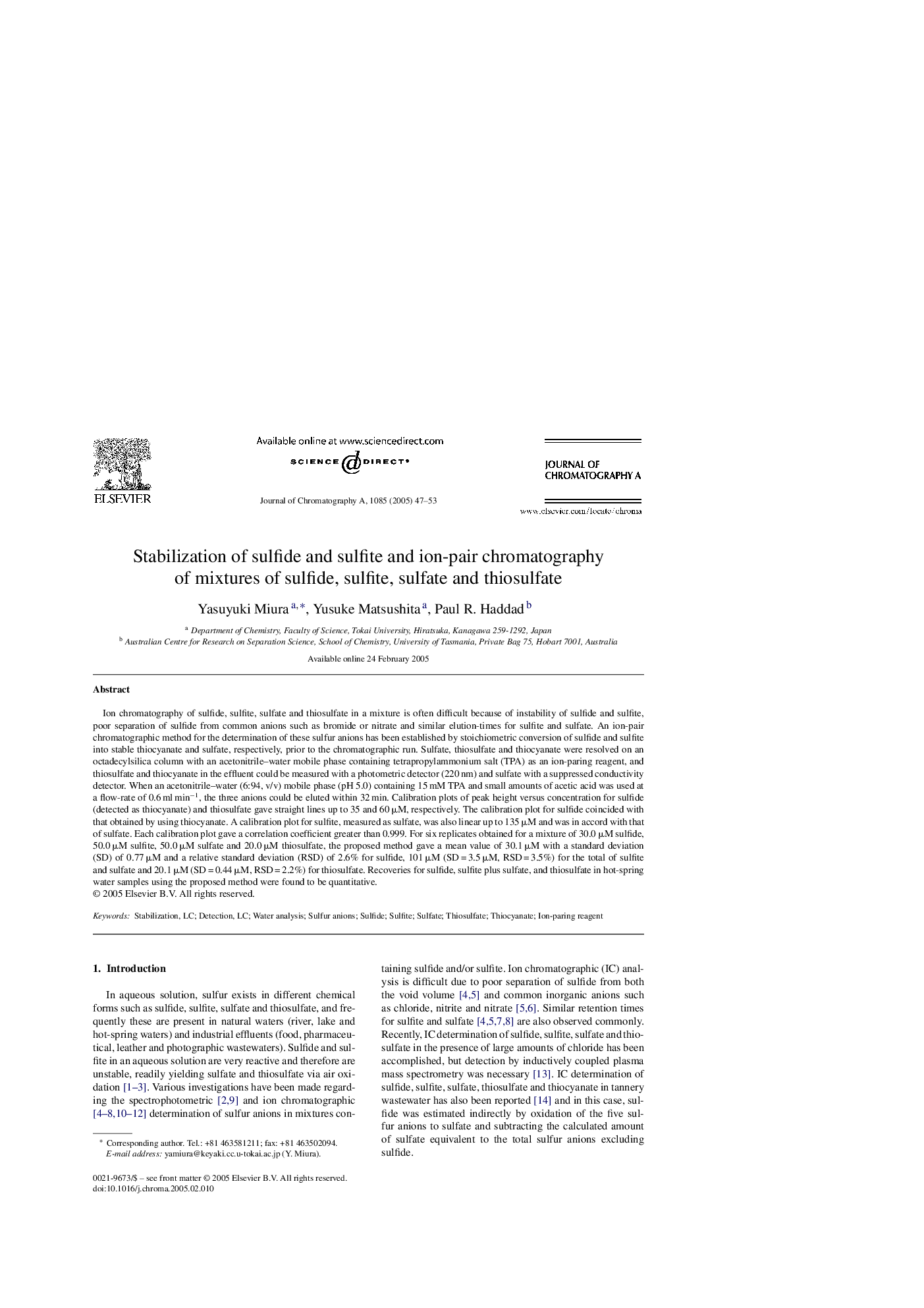 Stabilization of sulfide and sulfite and ion-pair chromatography of mixtures of sulfide, sulfite, sulfate and thiosulfate