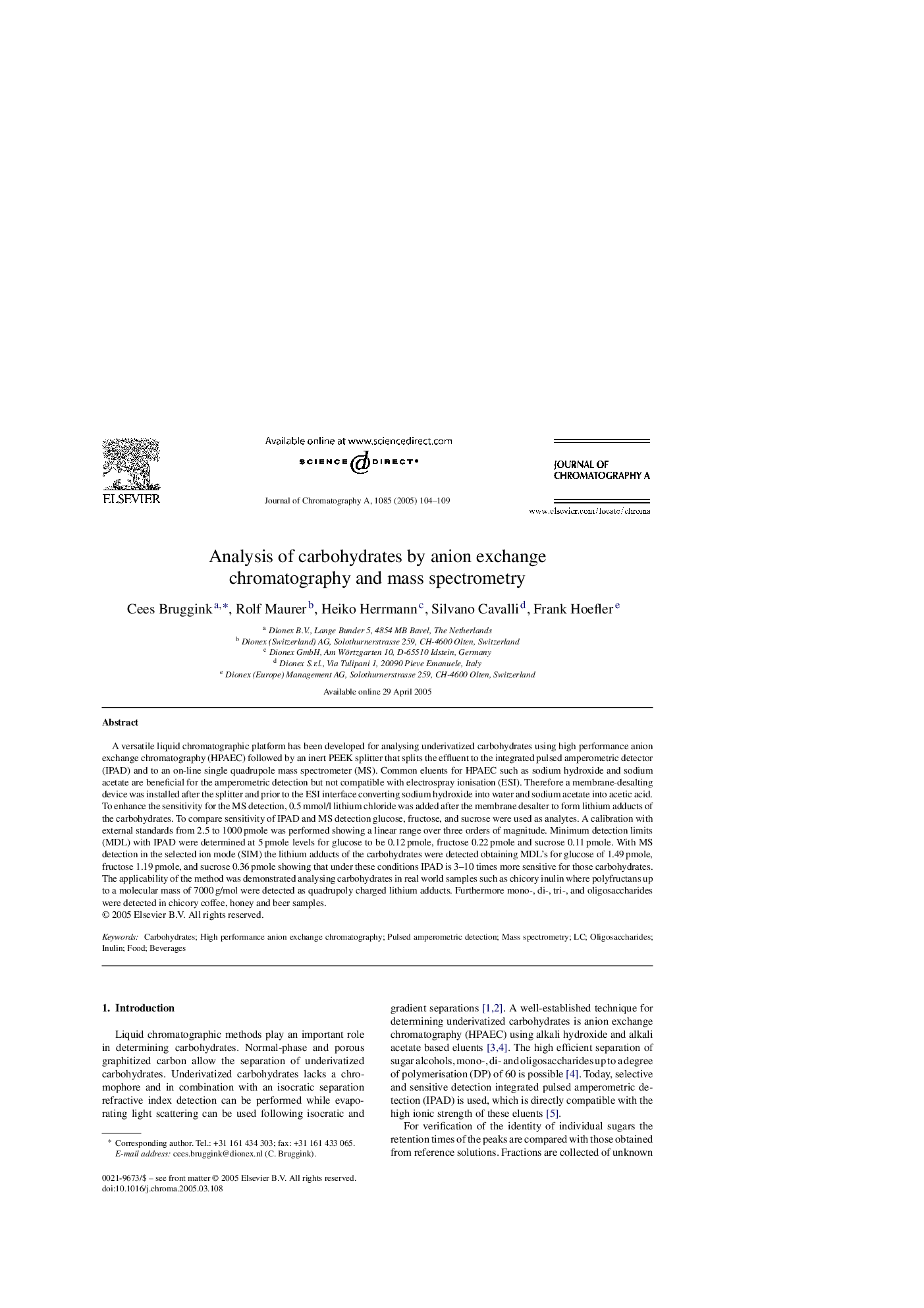 Analysis of carbohydrates by anion exchange chromatography and mass spectrometry