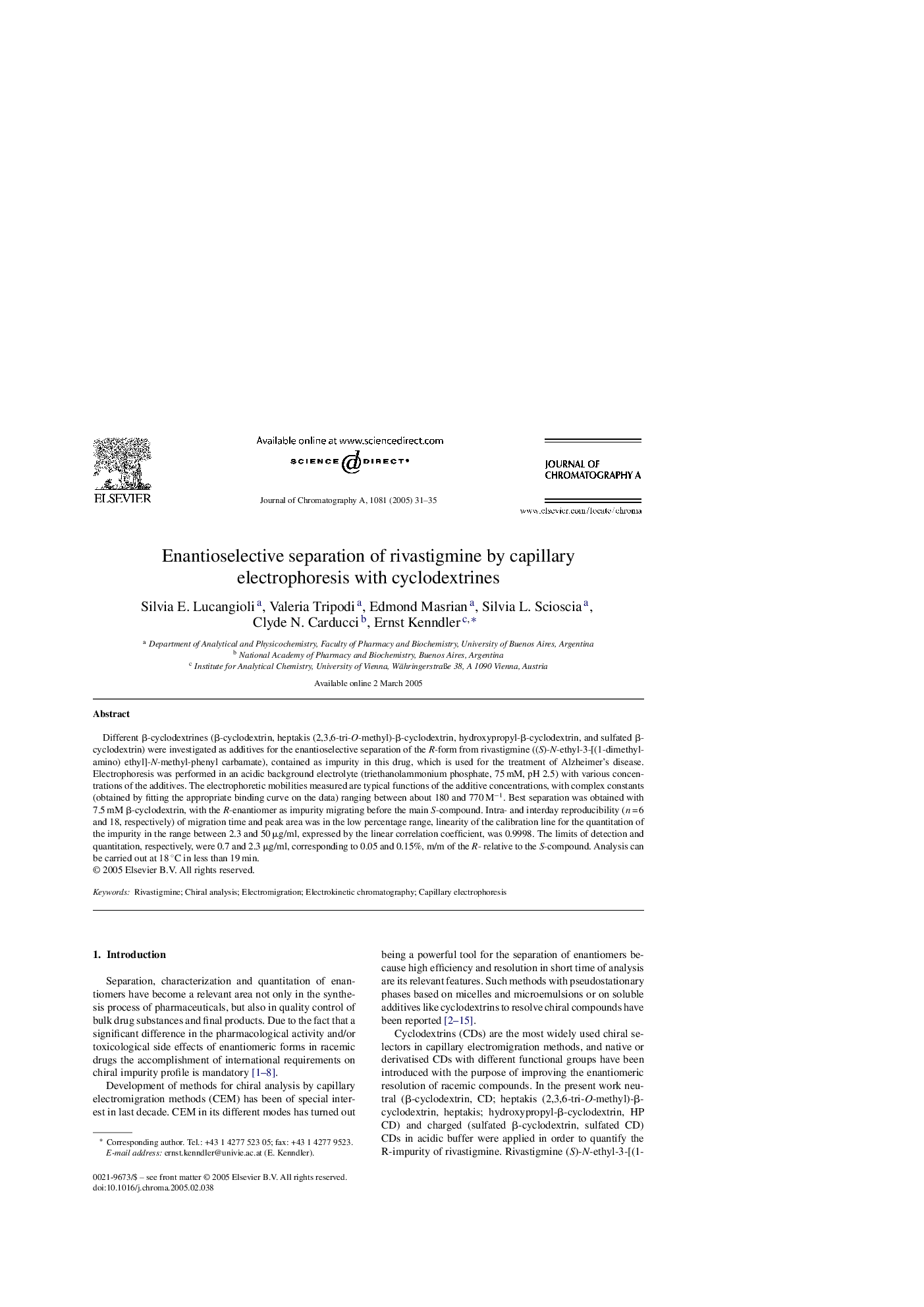 Enantioselective separation of rivastigmine by capillary electrophoresis with cyclodextrines