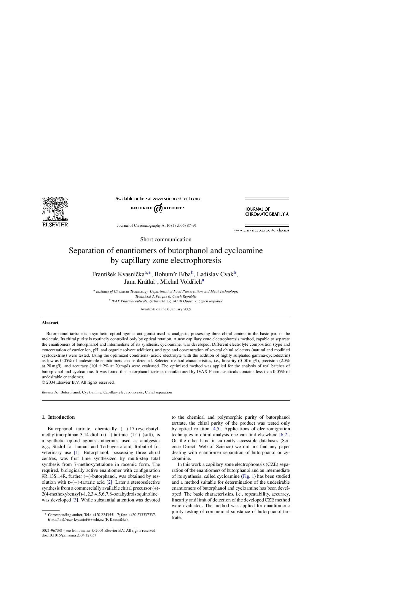 Separation of enantiomers of butorphanol and cycloamine by capillary zone electrophoresis