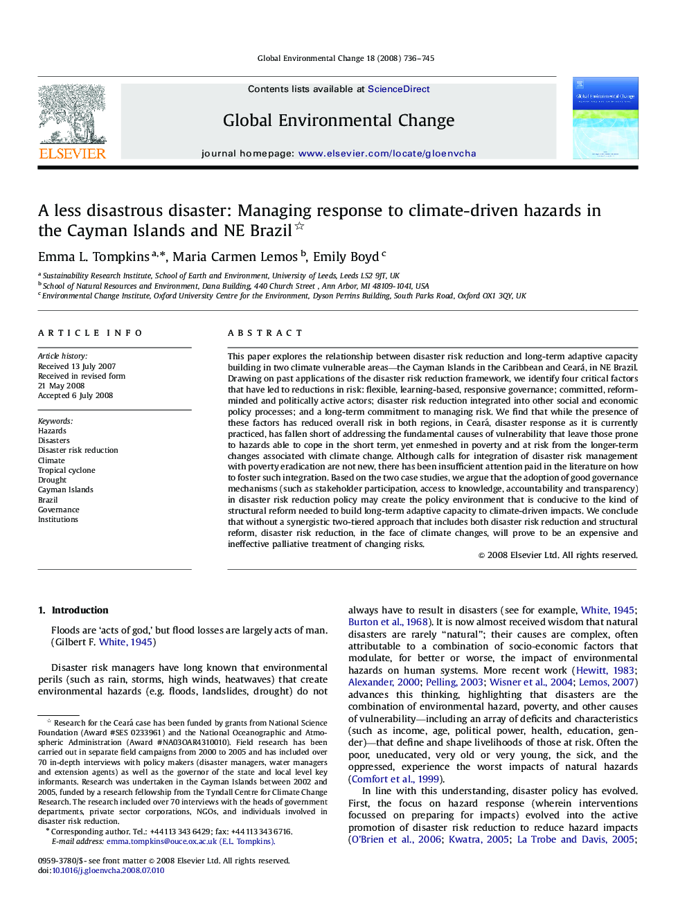 A less disastrous disaster: Managing response to climate-driven hazards in the Cayman Islands and NE Brazil 