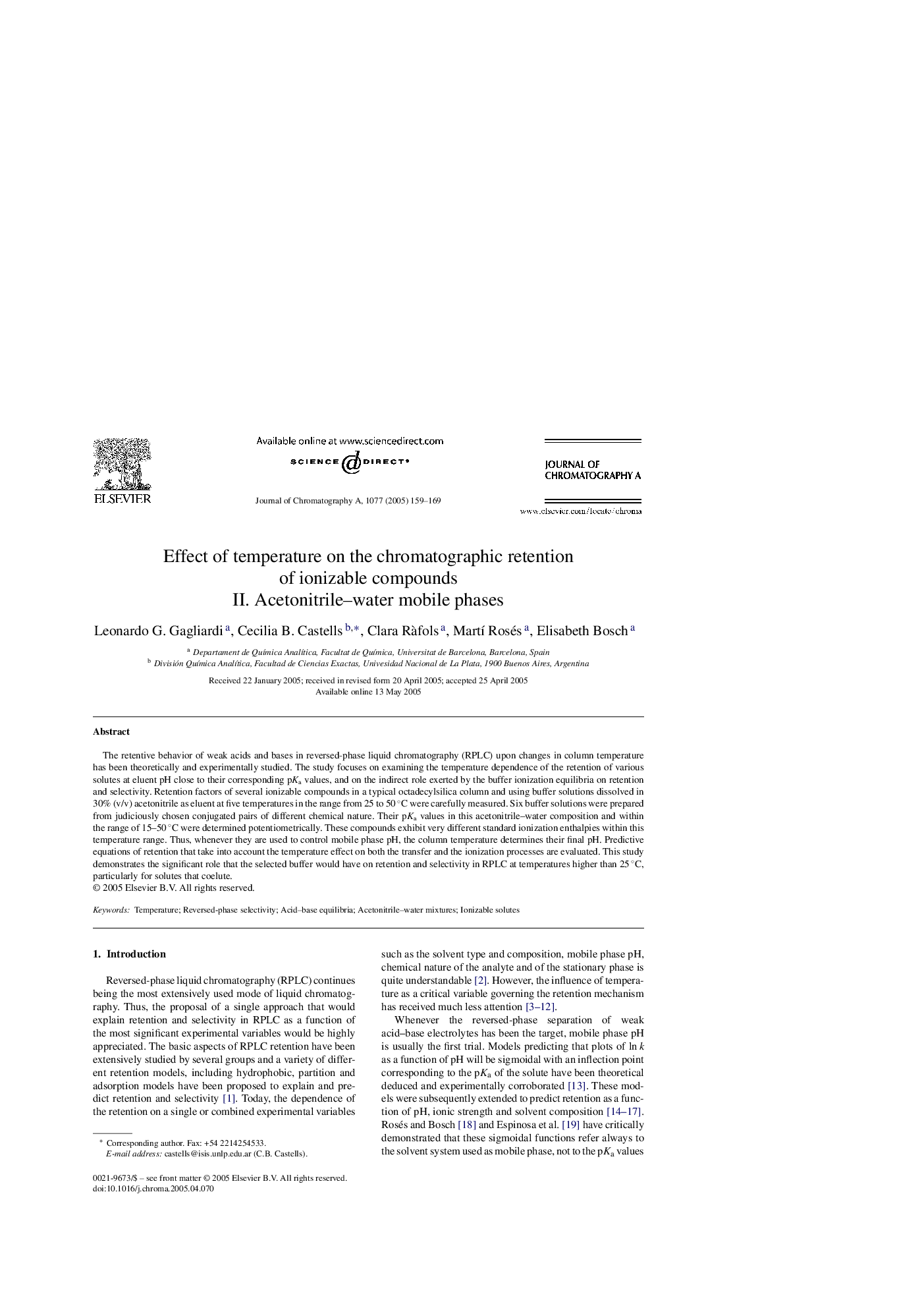 Effect of temperature on the chromatographic retention of ionizable compounds