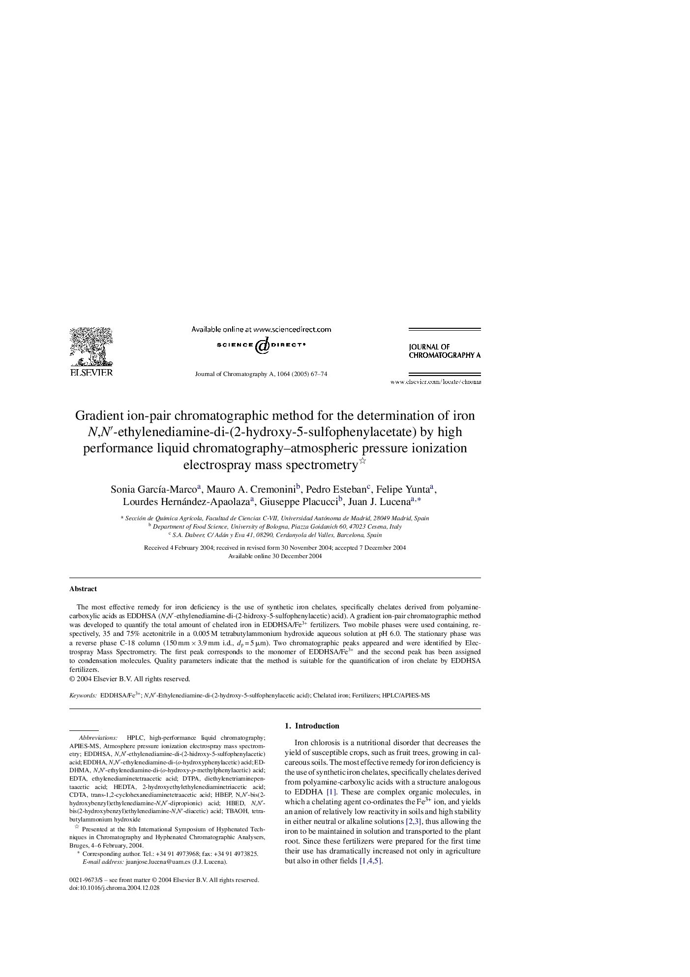 Gradient ion-pair chromatographic method for the determination of iron N,Nâ²-ethylenediamine-di-(2-hydroxy-5-sulfophenylacetate) by high performance liquid chromatography-atmospheric pressure ionization electrospray mass spectrometry