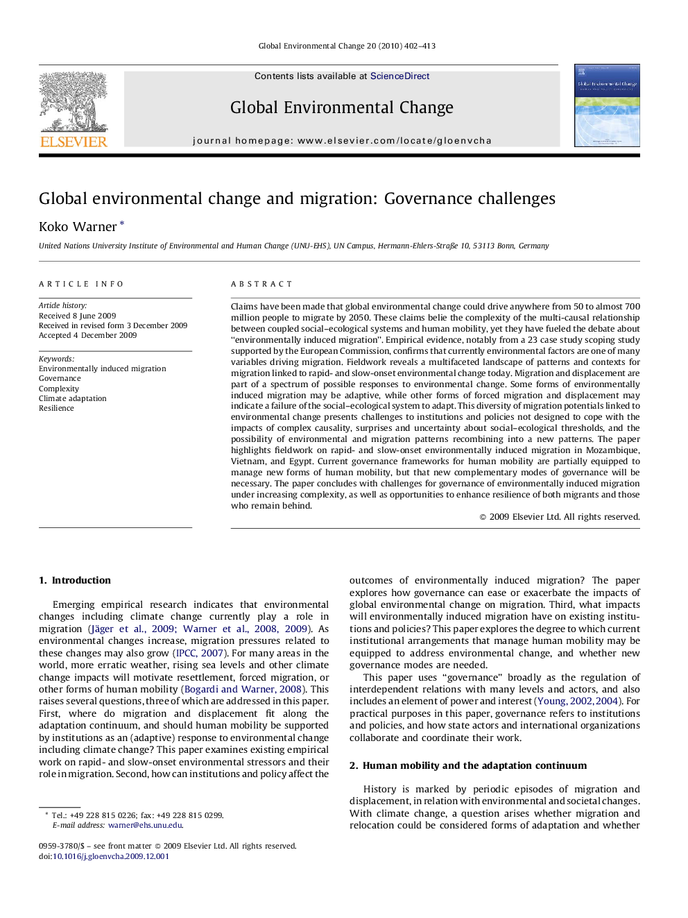 Global environmental change and migration: Governance challenges