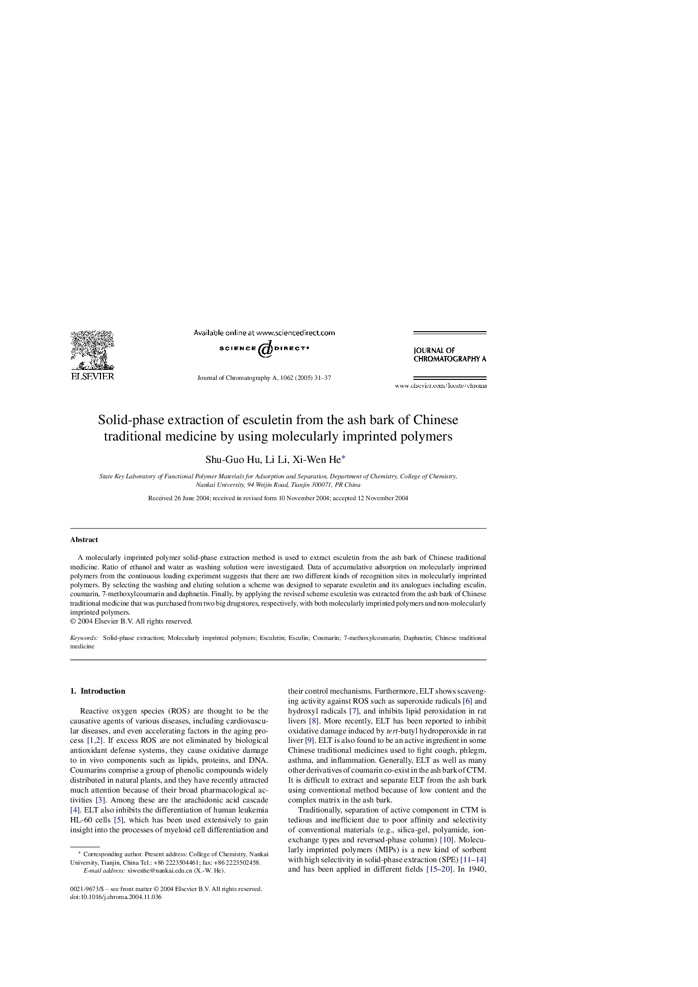 عکس صفحه اول مقاله: Solid-phase extraction of esculetin from the ash bark of Chinese traditional medicine by using molecularly imprinted polymers Solid-phase extraction of esculetin from the ash bark of Chinese traditional medicine by using molecularly imprinted polymers
