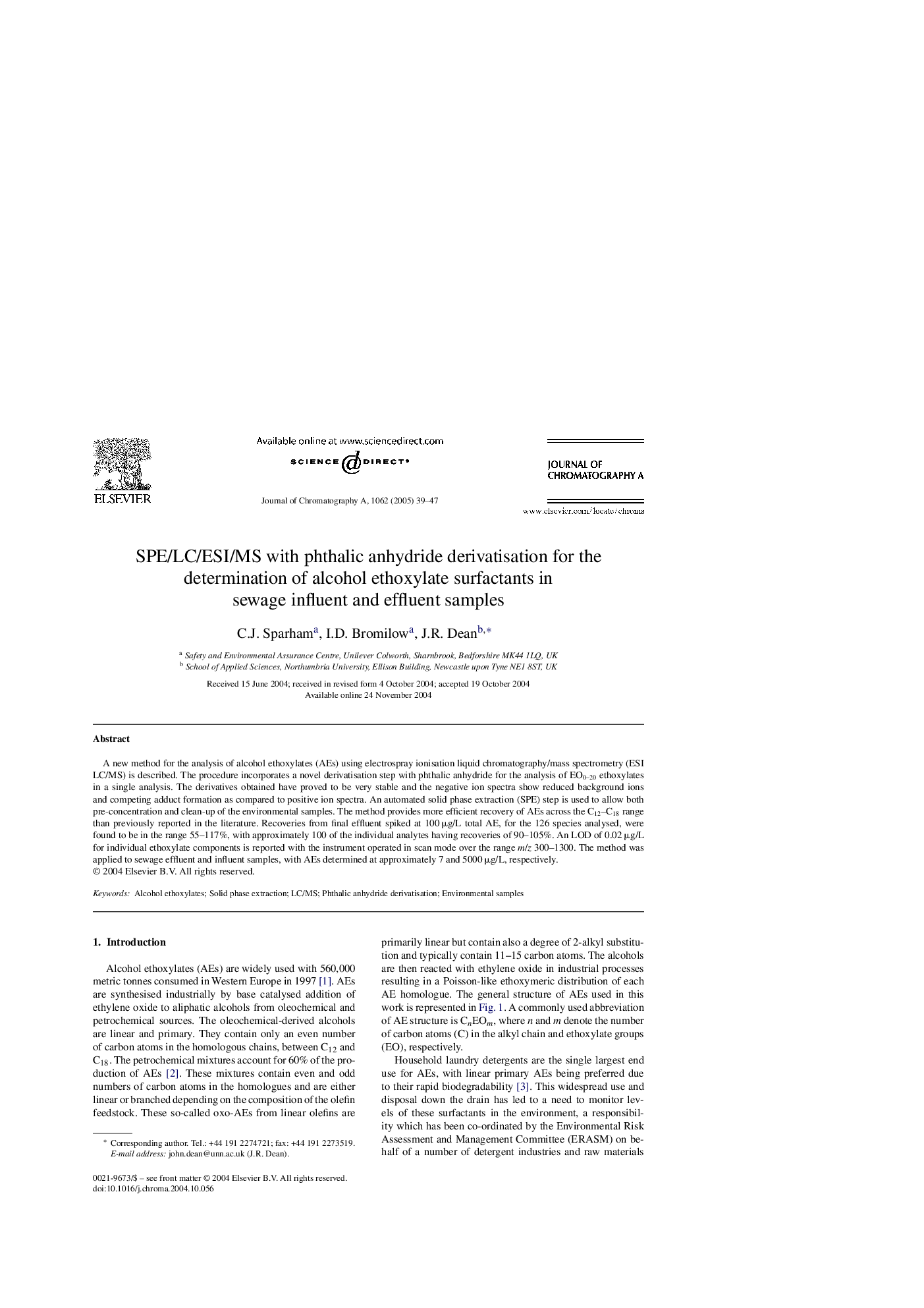 SPE/LC/ESI/MS with phthalic anhydride derivatisation for the determination of alcohol ethoxylate surfactants in sewage influent and effluent samples