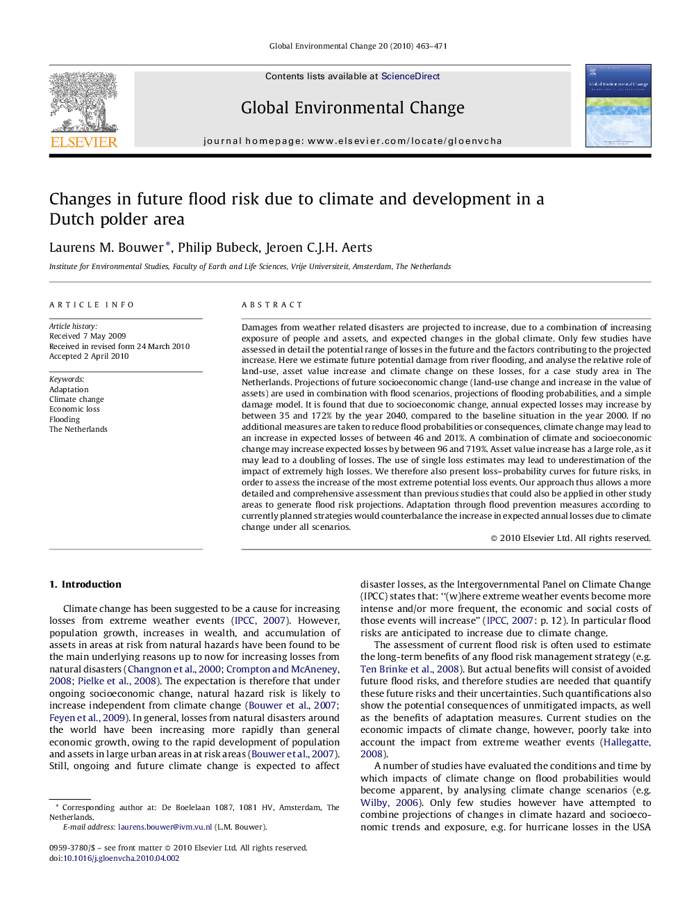 Changes in future flood risk due to climate and development in a Dutch polder area