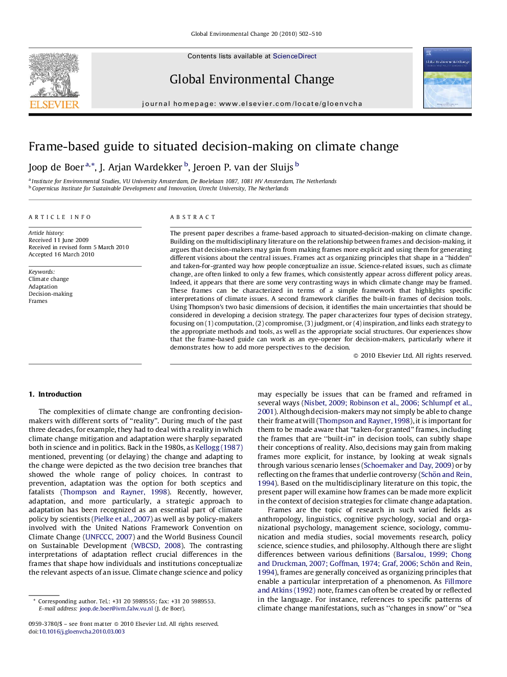 عکس صفحه اول مقاله: Frame-based guide to situated decision-making on climate change Frame-based guide to situated decision-making on climate change