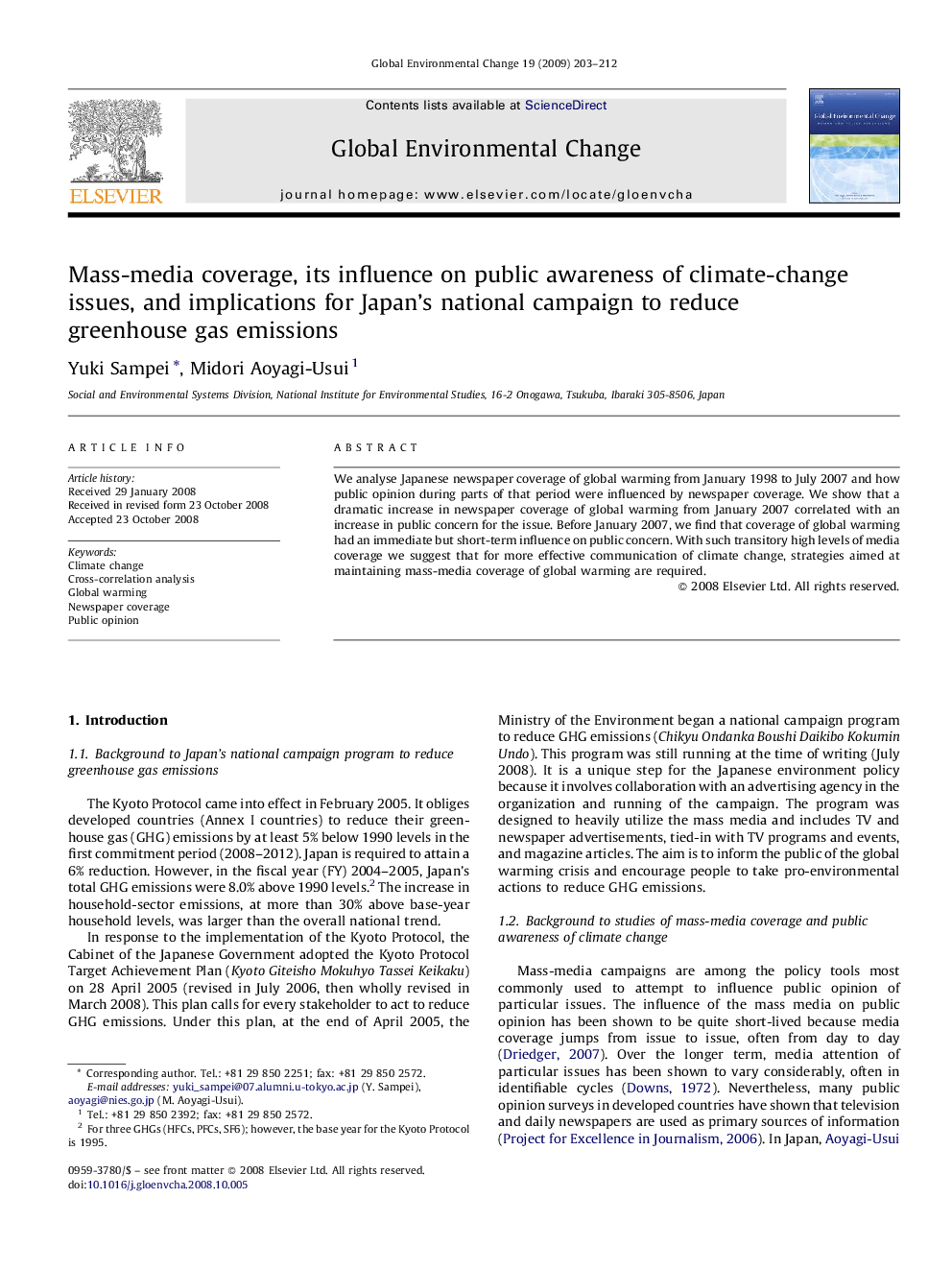 Mass-media coverage, its influence on public awareness of climate-change issues, and implications for Japan’s national campaign to reduce greenhouse gas emissions