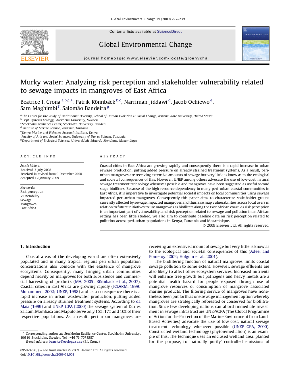 Murky water: Analyzing risk perception and stakeholder vulnerability related to sewage impacts in mangroves of East Africa