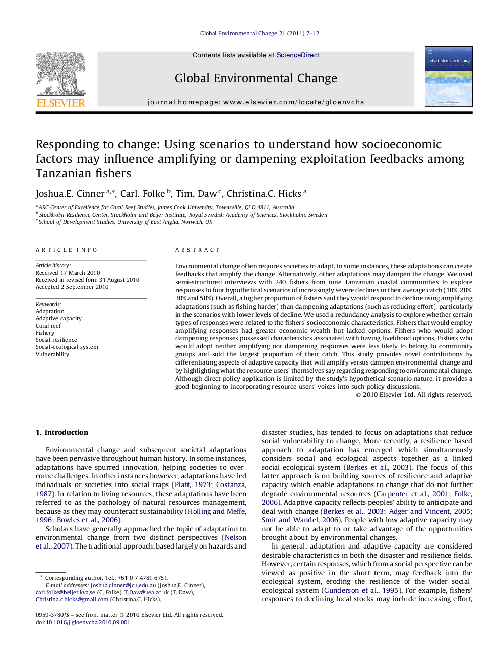 Responding to change: Using scenarios to understand how socioeconomic factors may influence amplifying or dampening exploitation feedbacks among Tanzanian fishers