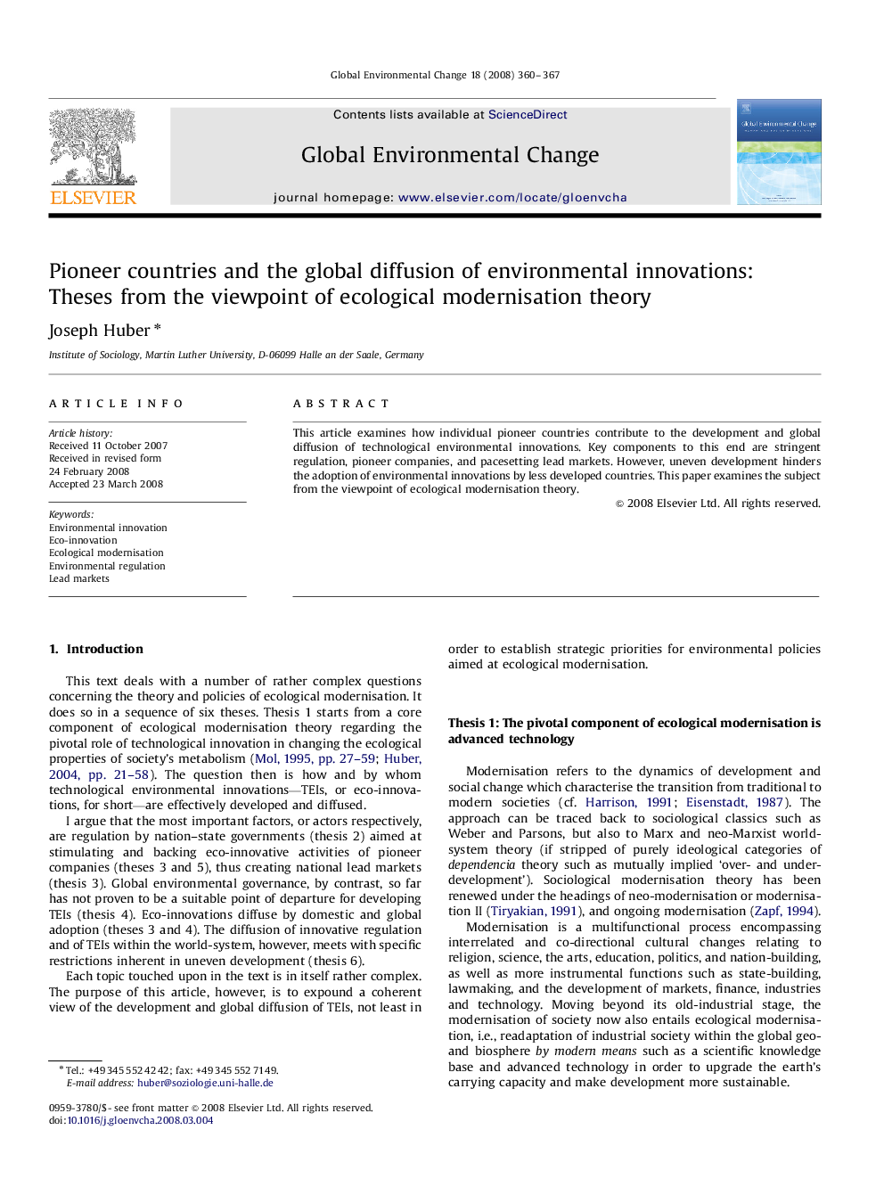 Pioneer countries and the global diffusion of environmental innovations: Theses from the viewpoint of ecological modernisation theory