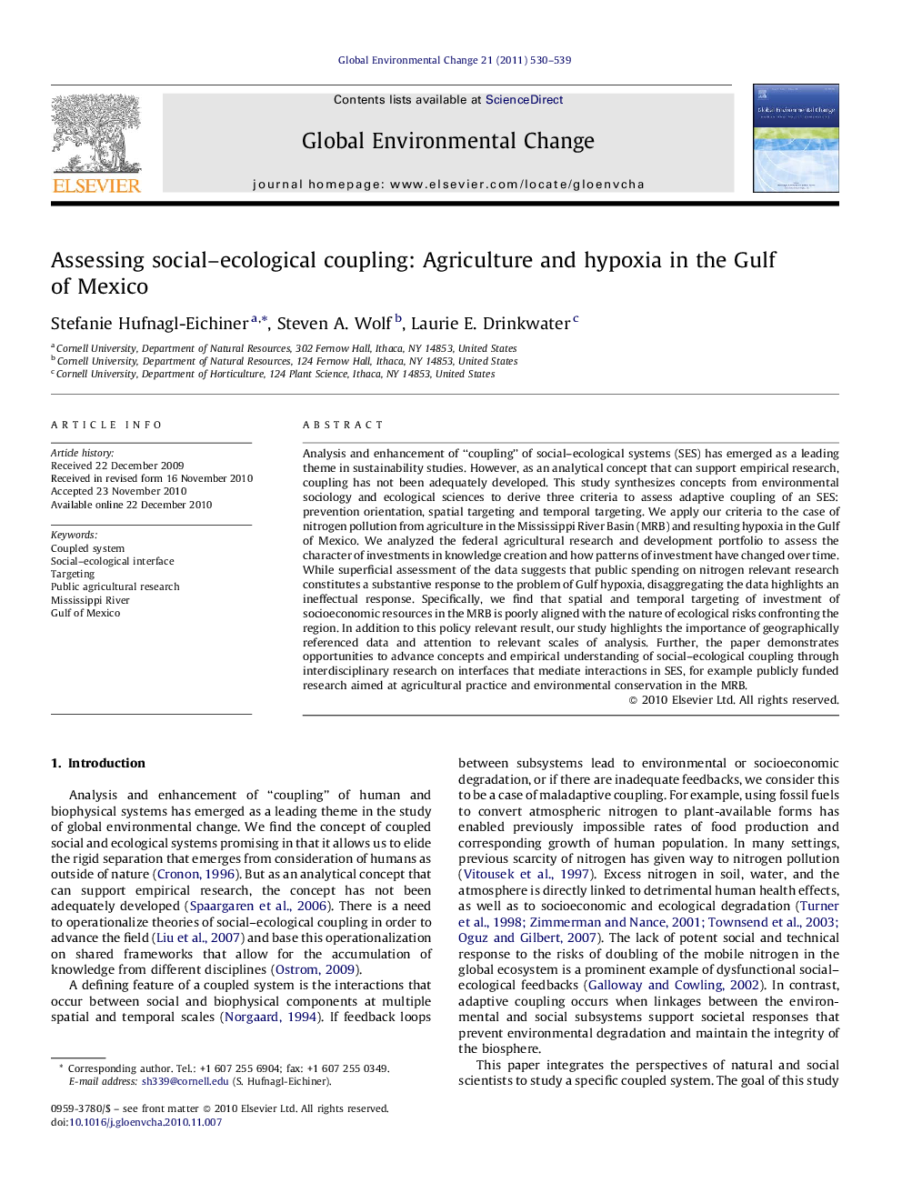 Assessing social–ecological coupling: Agriculture and hypoxia in the Gulf of Mexico