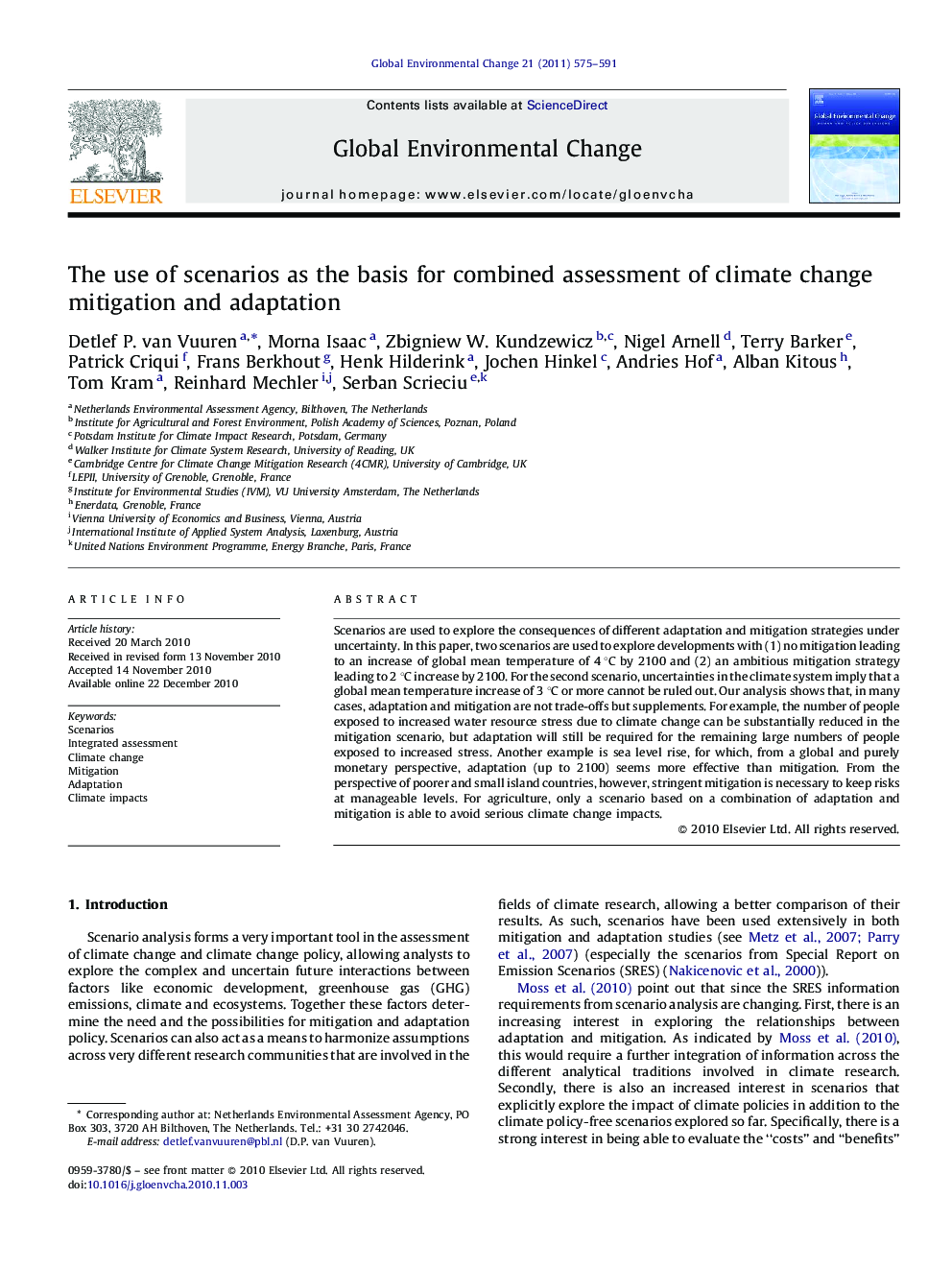 The use of scenarios as the basis for combined assessment of climate change mitigation and adaptation