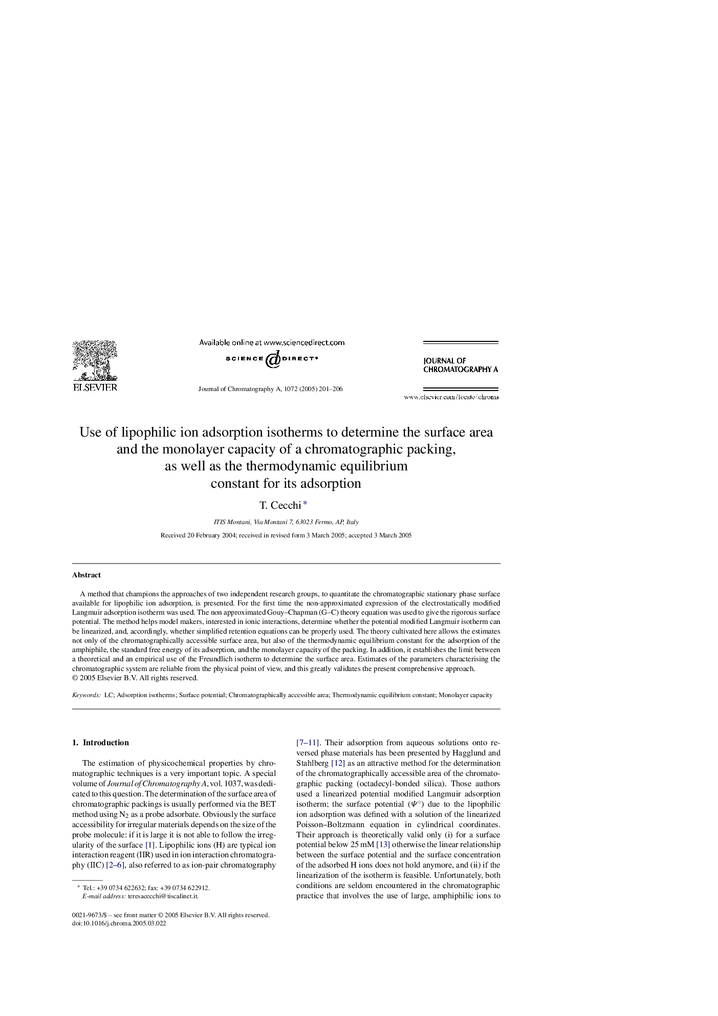 Use of lipophilic ion adsorption isotherms to determine the surface area and the monolayer capacity of a chromatographic packing, as well as the thermodynamic equilibrium constant for its adsorption