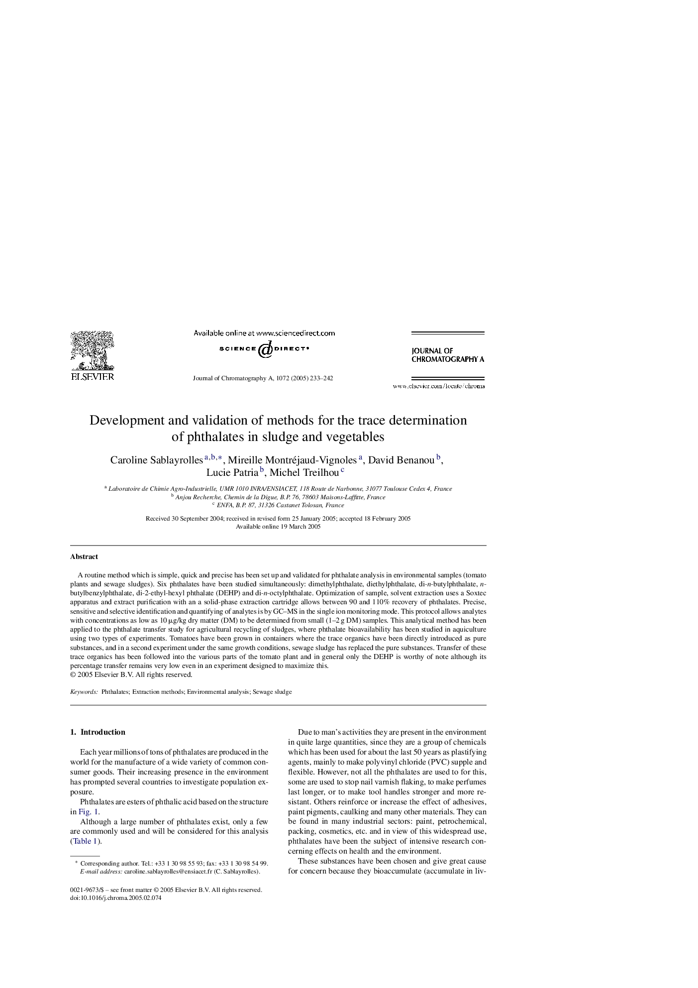 Development and validation of methods for the trace determination of phthalates in sludge and vegetables