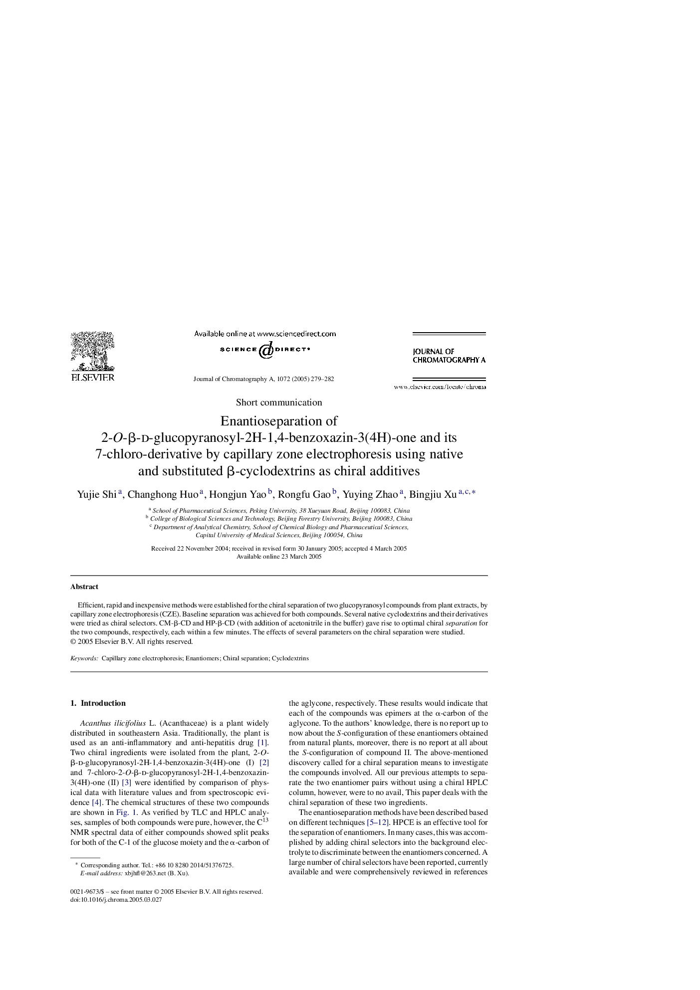 Enantioseparation of 2-O-Î²-d-glucopyranosyl-2H-1,4-benzoxazin-3(4H)-one and its 7-chloro-derivative by capillary zone electrophoresis using native and substituted Î²-cyclodextrins as chiral additives