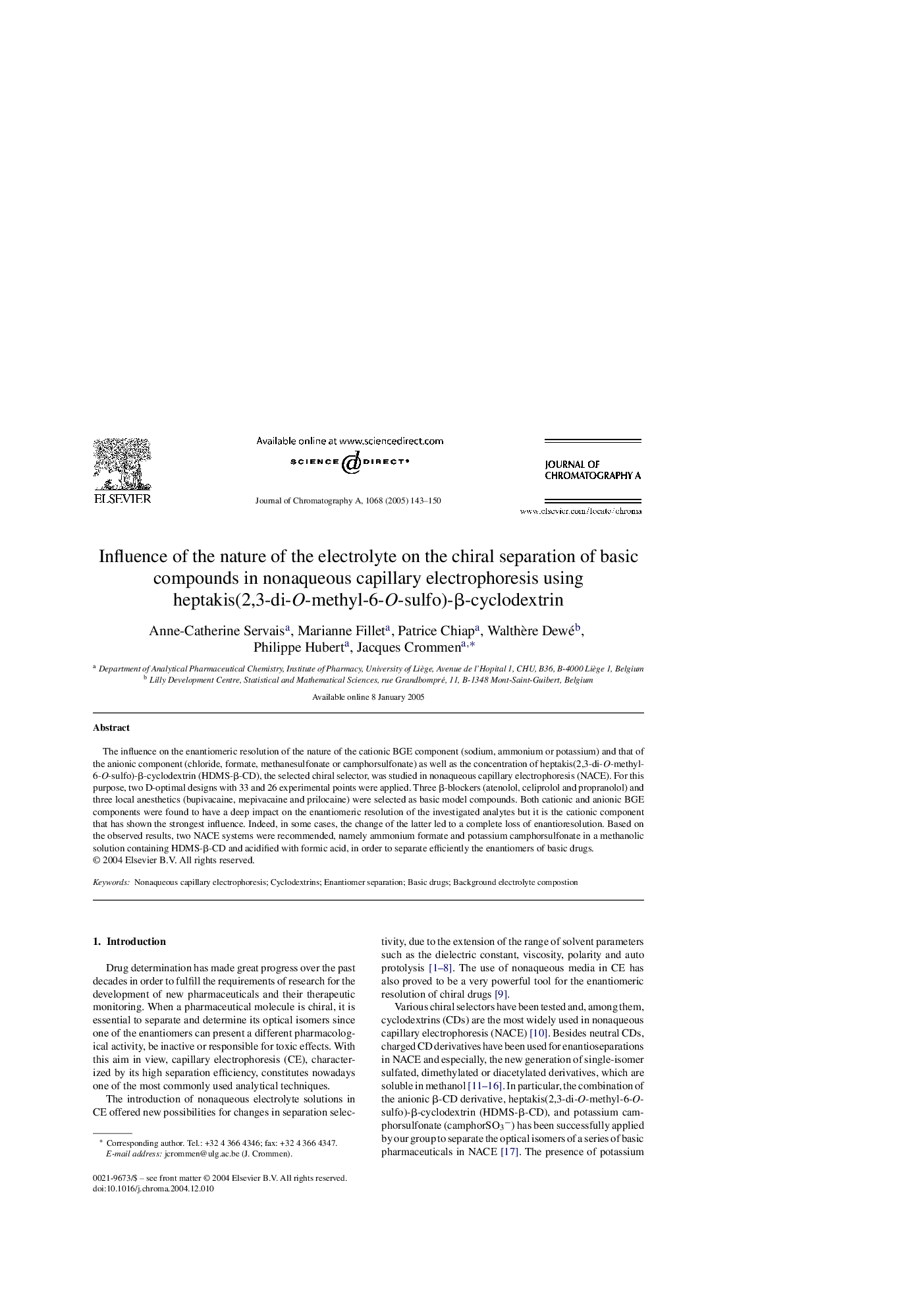 عکس صفحه اول مقاله: Influence of the nature of the electrolyte on the chiral separation of basic compounds in nonaqueous capillary electrophoresis using heptakis(2,3-di-O-methyl-6-O-sulfo)-β-cyclodextrin Influence of the nature of the electrolyte on the chiral separation of basic compounds in nonaqueous capillary electrophoresis using heptakis(2,3-di-O-methyl-6-O-sulfo)-β-cyclodextrin