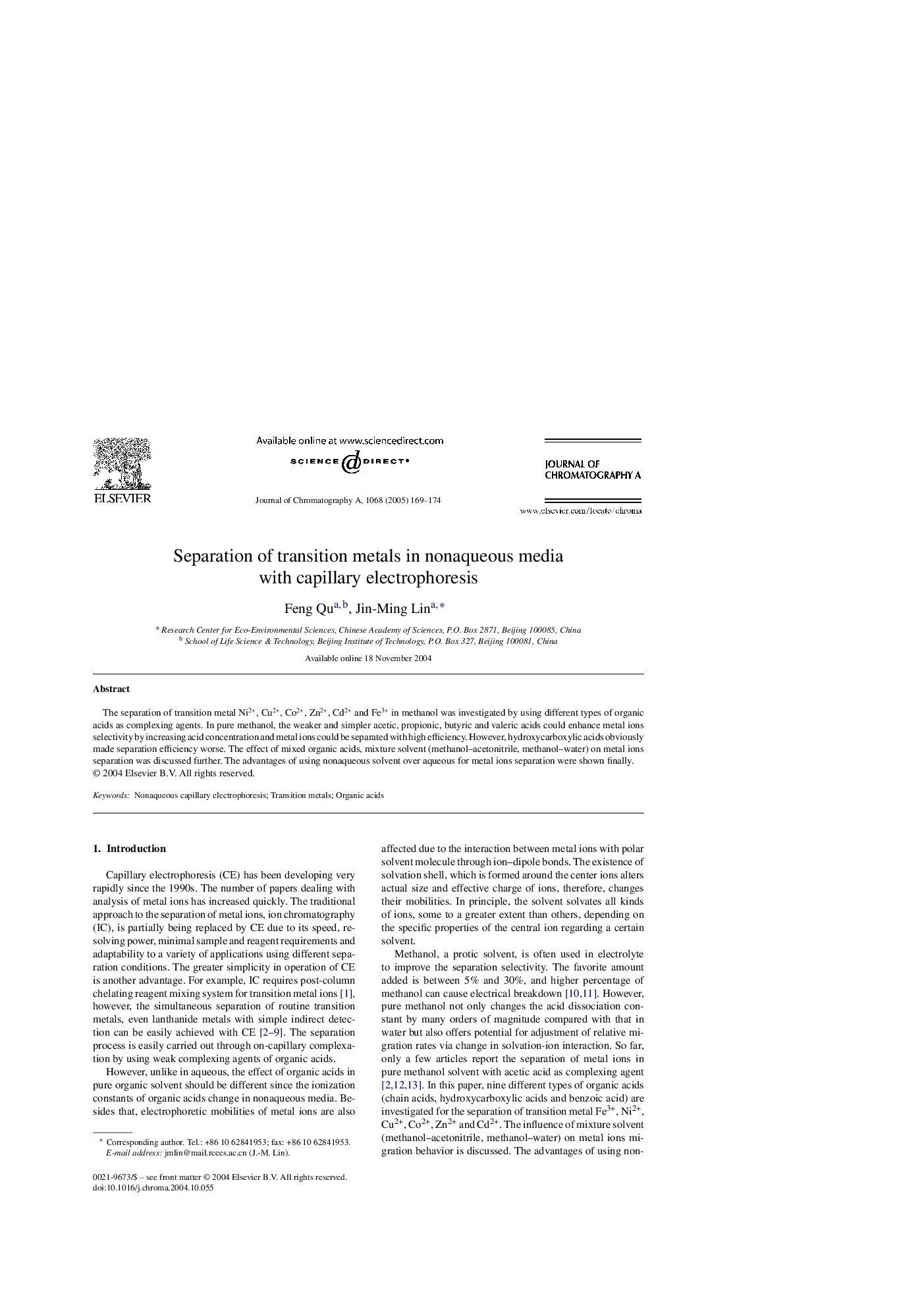 عکس صفحه اول مقاله: Separation of transition metals in nonaqueous media with capillary electrophoresis Separation of transition metals in nonaqueous media with capillary electrophoresis