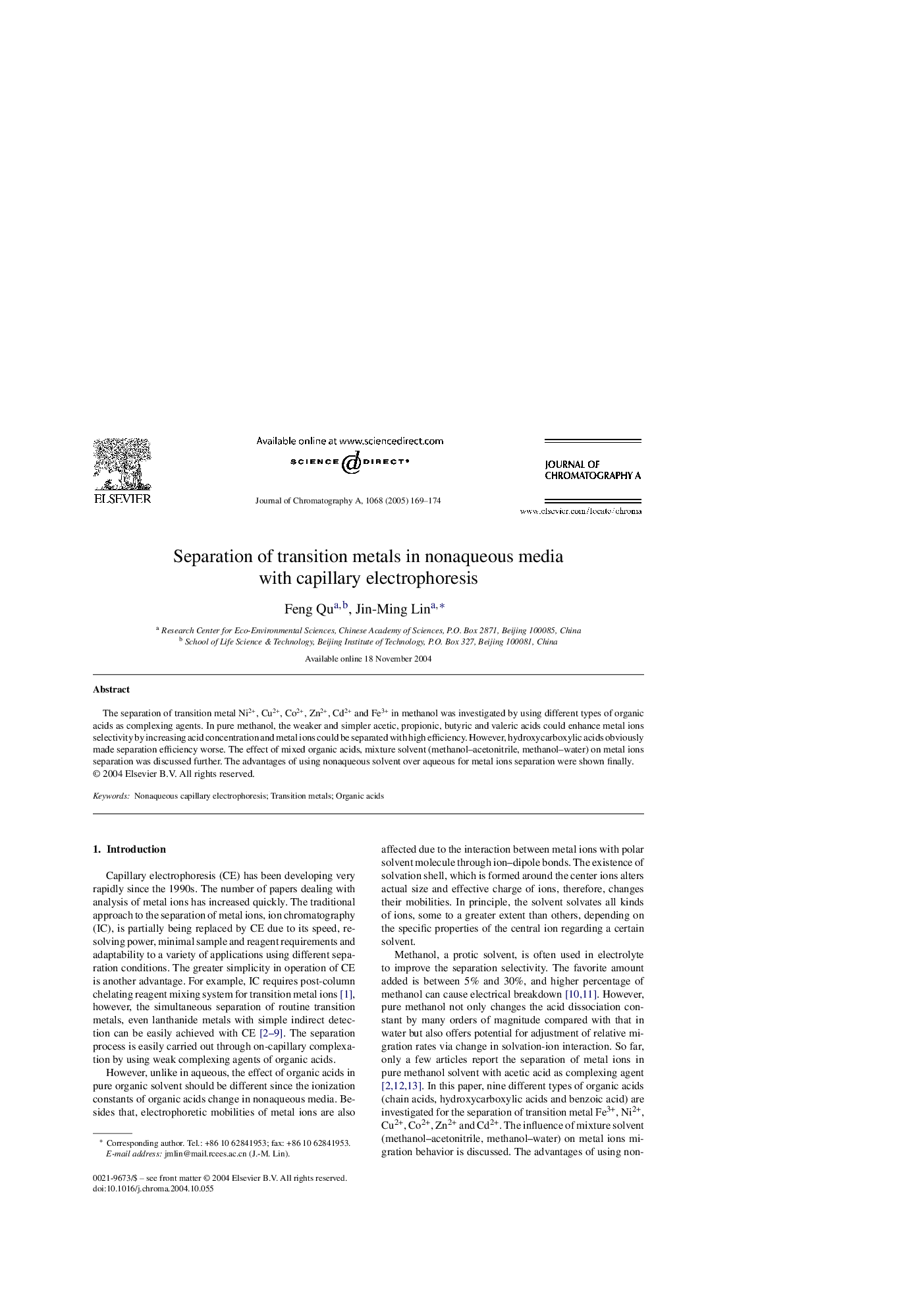 Separation of transition metals in nonaqueous media with capillary electrophoresis