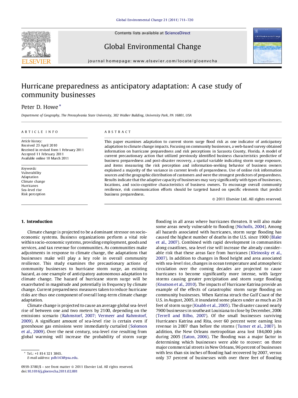 Hurricane preparedness as anticipatory adaptation: A case study of community businesses