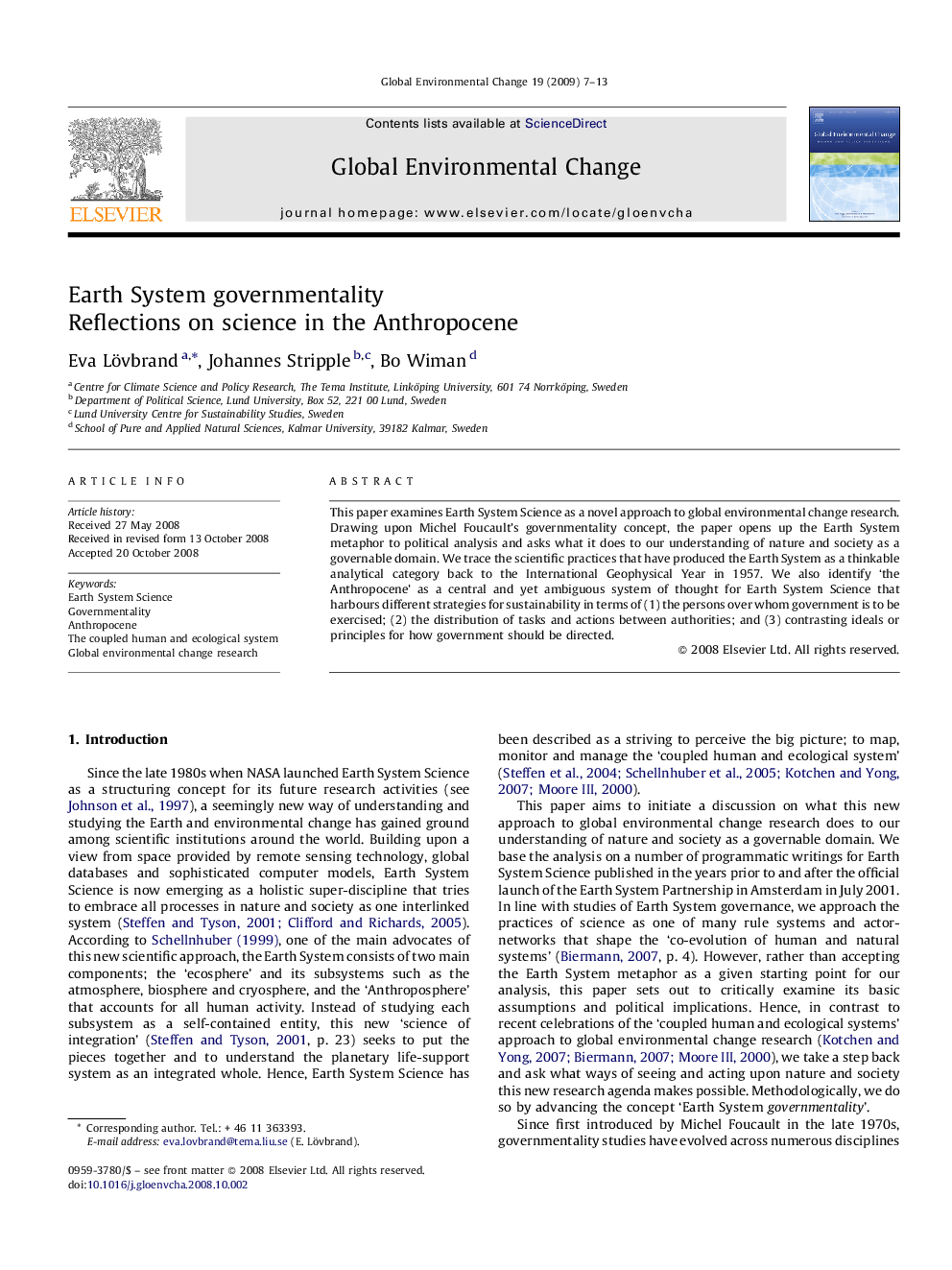 Earth System governmentality: Reflections on science in the Anthropocene