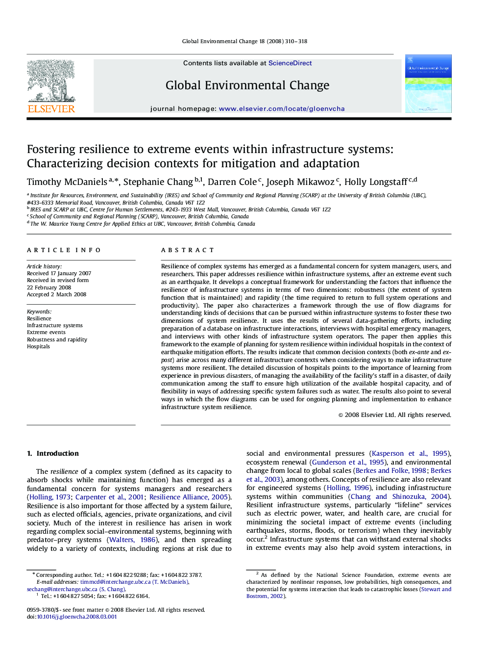 Fostering resilience to extreme events within infrastructure systems: Characterizing decision contexts for mitigation and adaptation