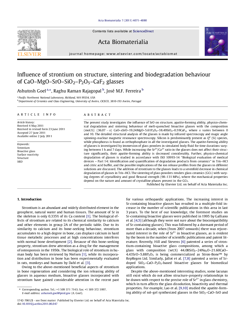 Influence of strontium on structure, sintering and biodegradation behaviour of CaO–MgO–SrO–SiO2–P2O5–CaF2 glasses