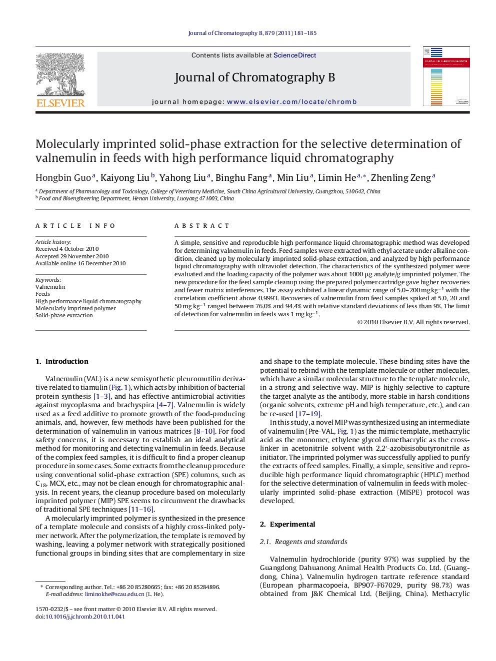 Molecularly imprinted solid-phase extraction for the selective determination of valnemulin in feeds with high performance liquid chromatography