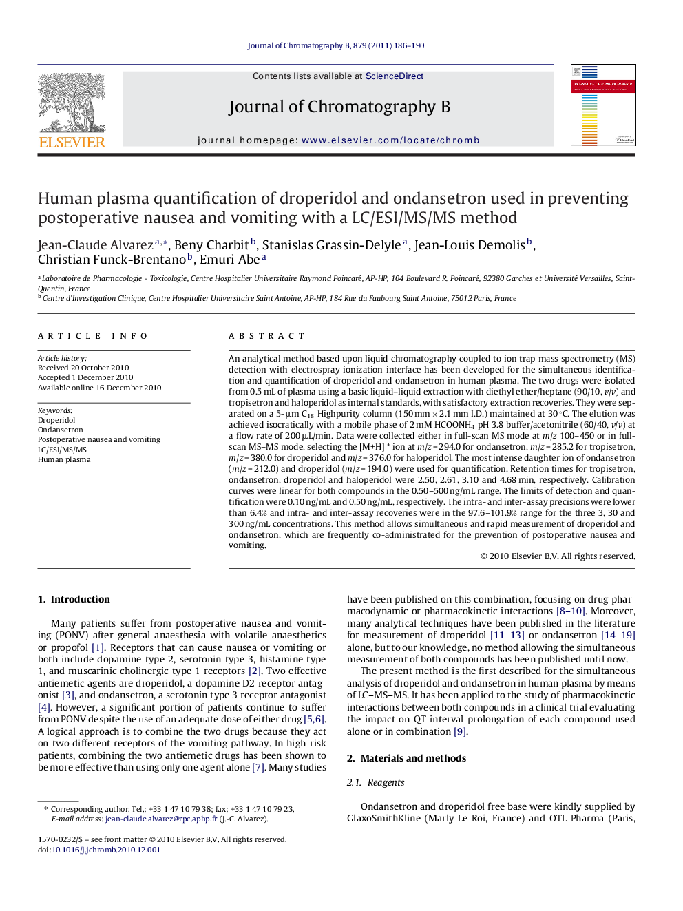 Human plasma quantification of droperidol and ondansetron used in preventing postoperative nausea and vomiting with a LC/ESI/MS/MS method