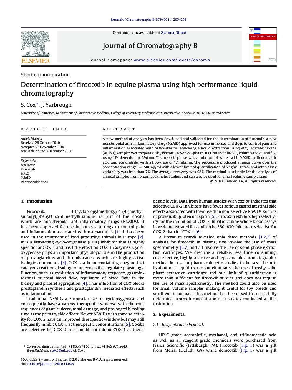 Determination of firocoxib in equine plasma using high performance liquid chromatography