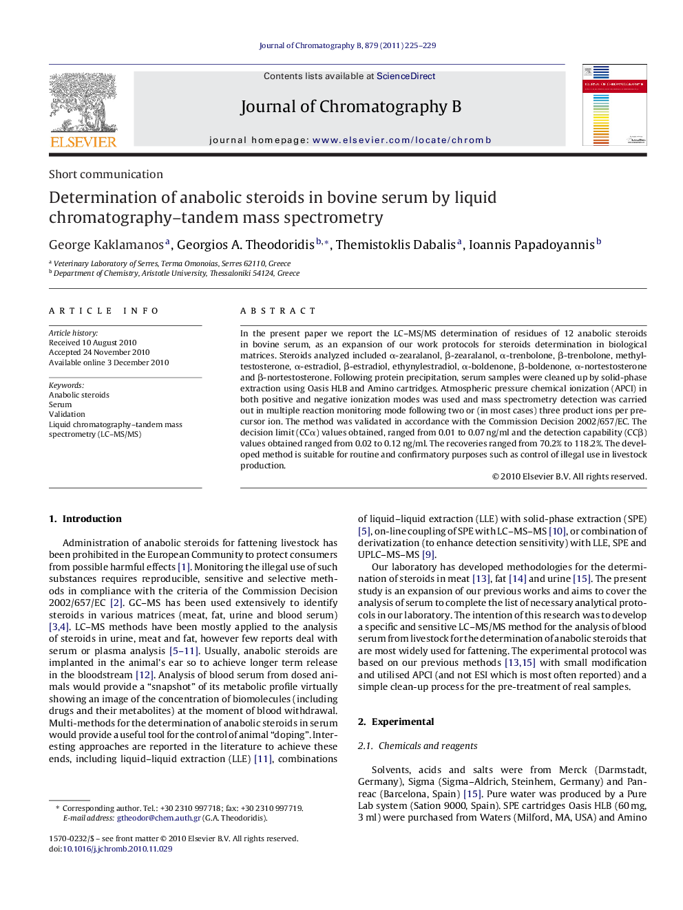 Determination of anabolic steroids in bovine serum by liquid chromatography-tandem mass spectrometry