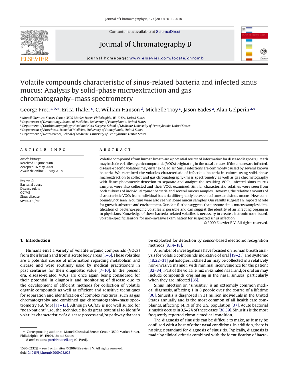 ترکیبات فرار از ویژگی های باکتری های مرتبط با سینوس و مخاط مخاطی سینوسی: تجزیه و تحلیل توسط میکرو اکستراکتازی جامد فاز و طیف سنج جرمی کروماتوگرافی گاز