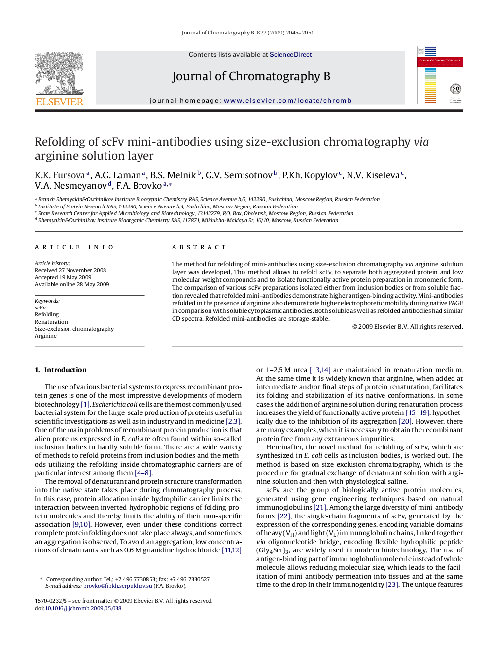 Refolding of scFv mini-antibodies using size-exclusion chromatography via arginine solution layer