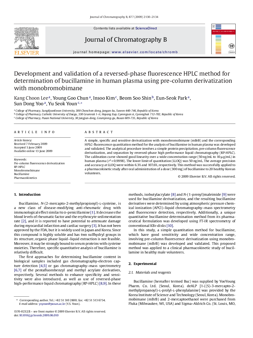 Development and validation of a reversed-phase fluorescence HPLC method for determination of bucillamine in human plasma using pre-column derivatization with monobromobimane