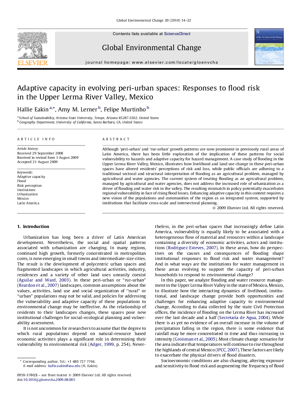 Adaptive capacity in evolving peri-urban spaces: Responses to flood risk in the Upper Lerma River Valley, Mexico