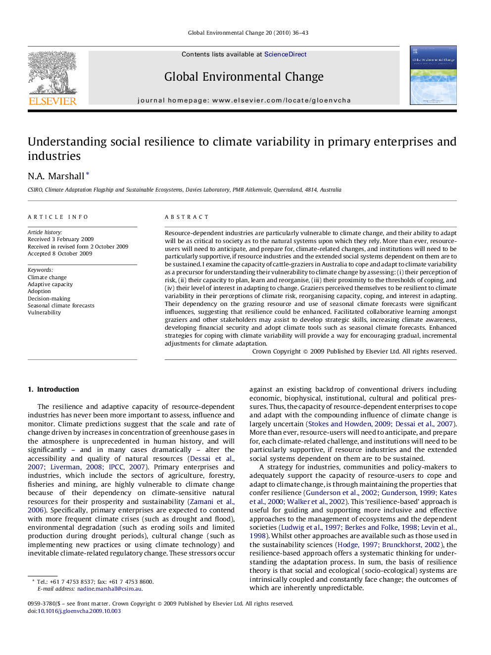 Understanding social resilience to climate variability in primary enterprises and industries