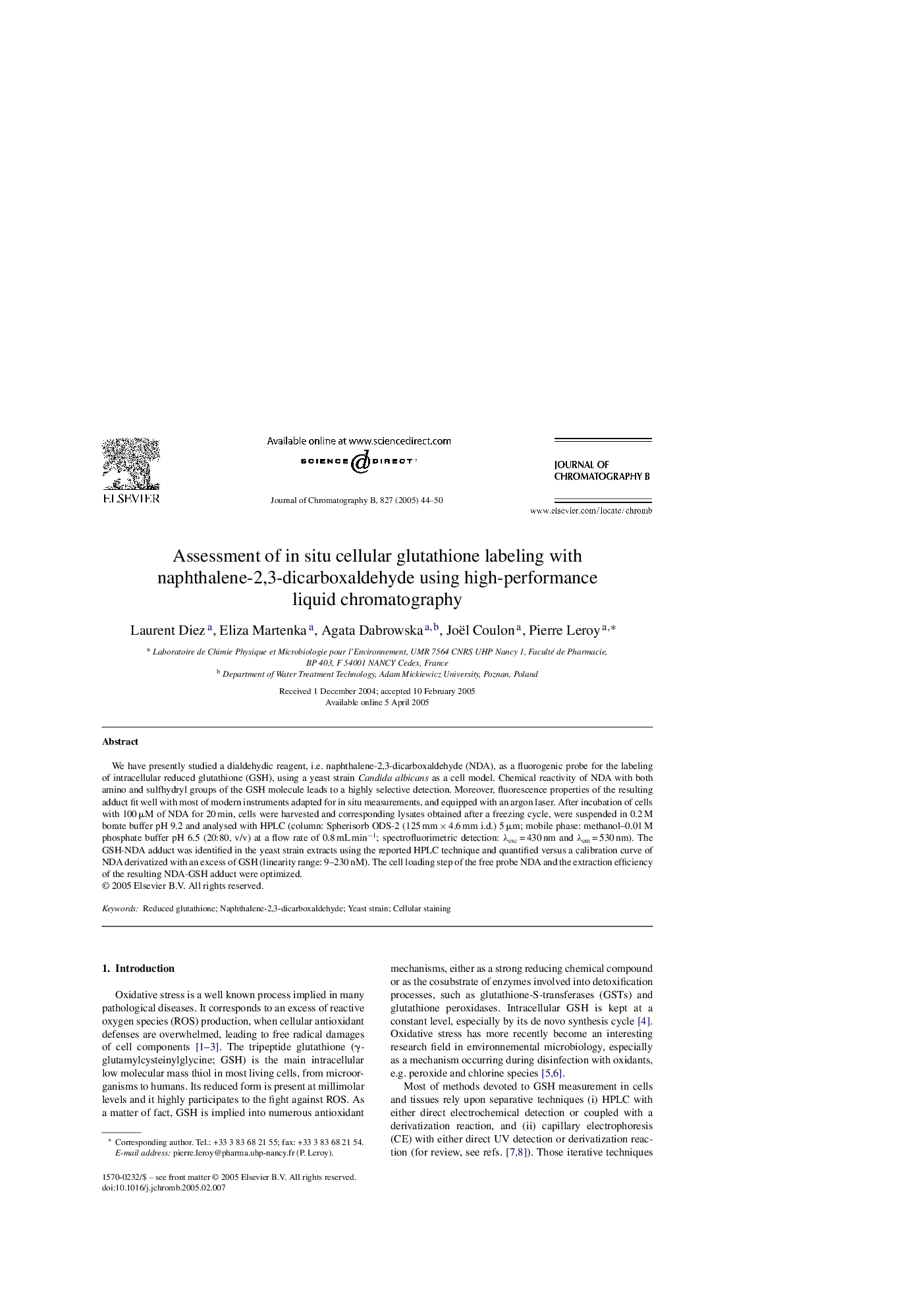 Assessment of in situ cellular glutathione labeling with naphthalene-2,3-dicarboxaldehyde using high-performance liquid chromatography