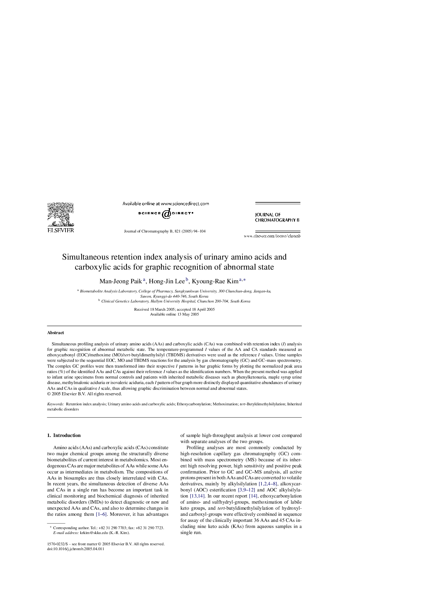 Simultaneous retention index analysis of urinary amino acids and carboxylic acids for graphic recognition of abnormal state