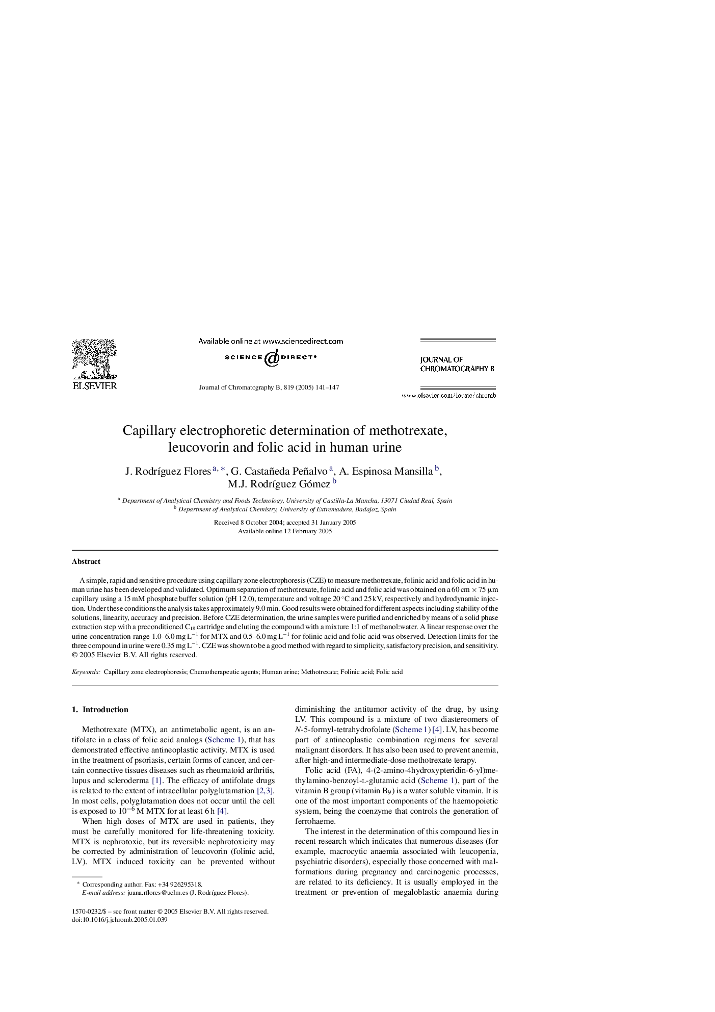 Capillary electrophoretic determination of methotrexate, leucovorin and folic acid in human urine